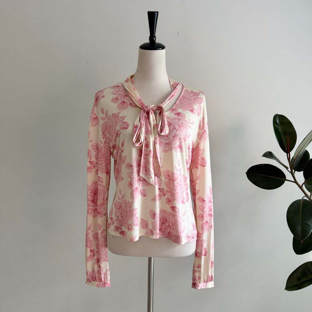 Banana Republic Pink Floral 100% Silk Tie-Neck Long Sleeve Blouse Size L